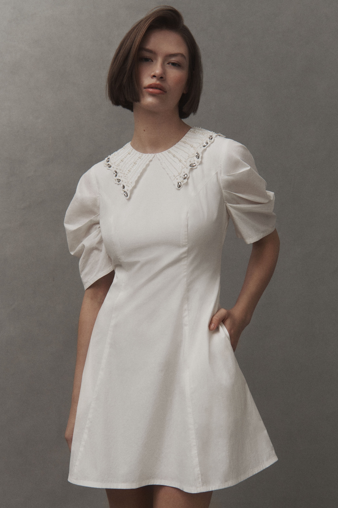 BHLDN Puff-Sleeve Embellished Collared Mini Dress