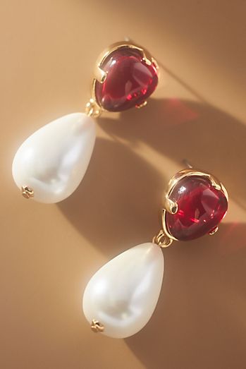 Kenneth Jay Lane Ruby & Pearl Drop Earrings