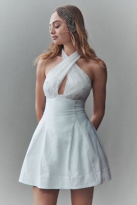 Shop Bhldn Halter Pearl-embellished Mini Dress In White