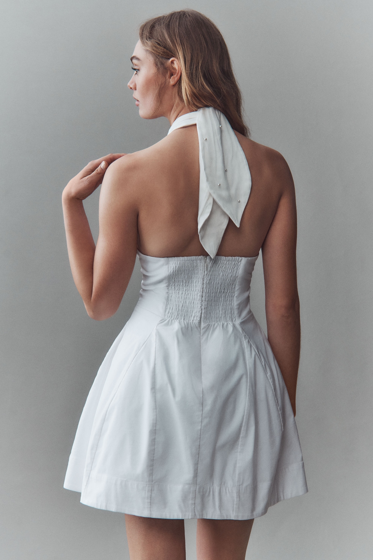 BHLDN Crisscross Halter Pearl-Embellished Mini Dress