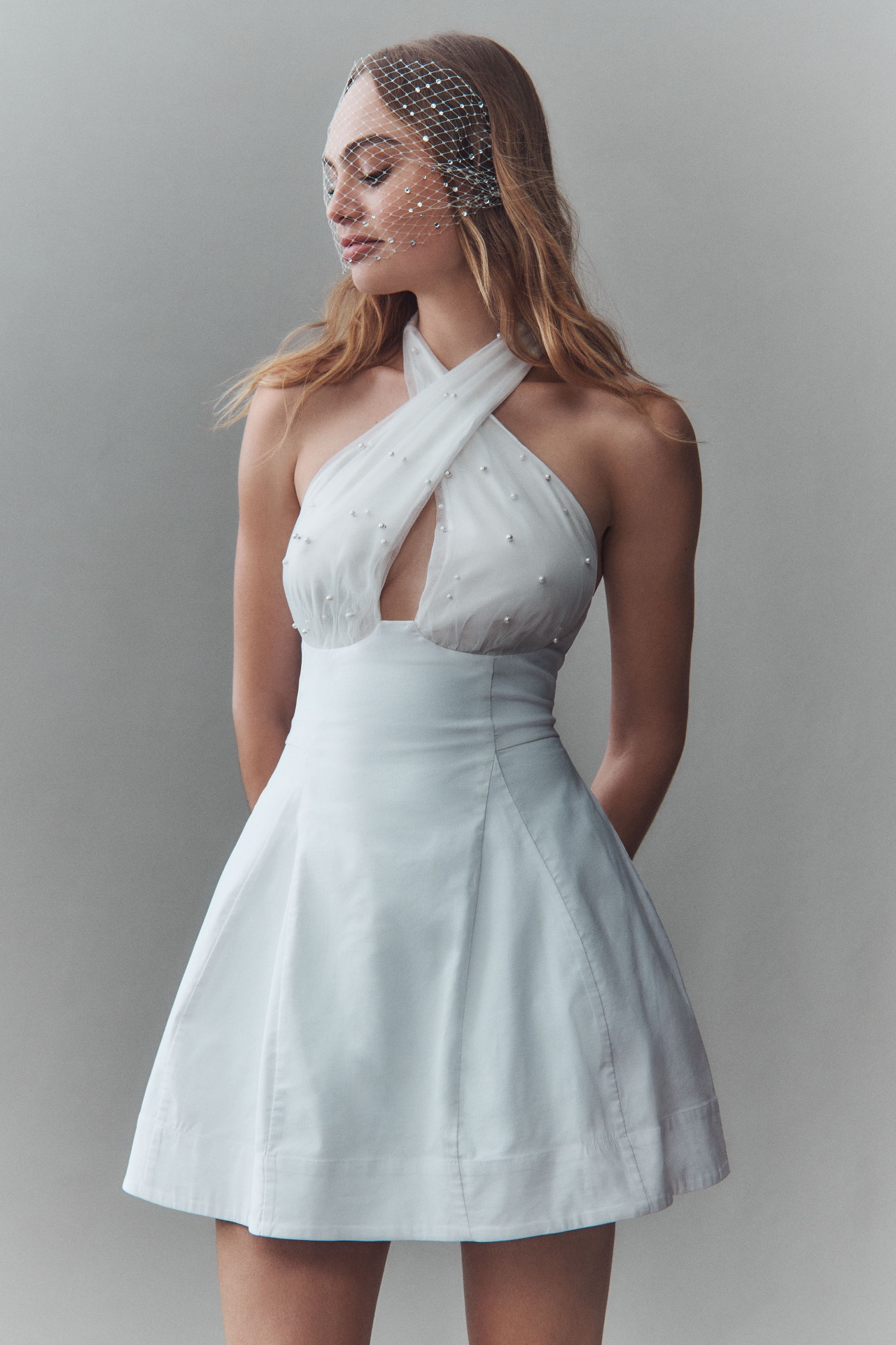 BHLDN Crisscross Halter Pearl-Embellished Mini Dress