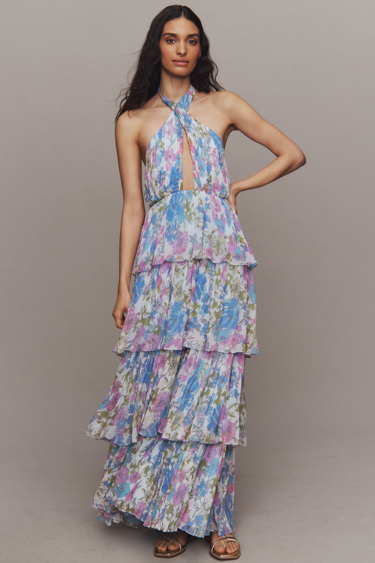 BHLDN Danielle Halter Front-Cutout Printed Tiered Chiffon Maxi Dress