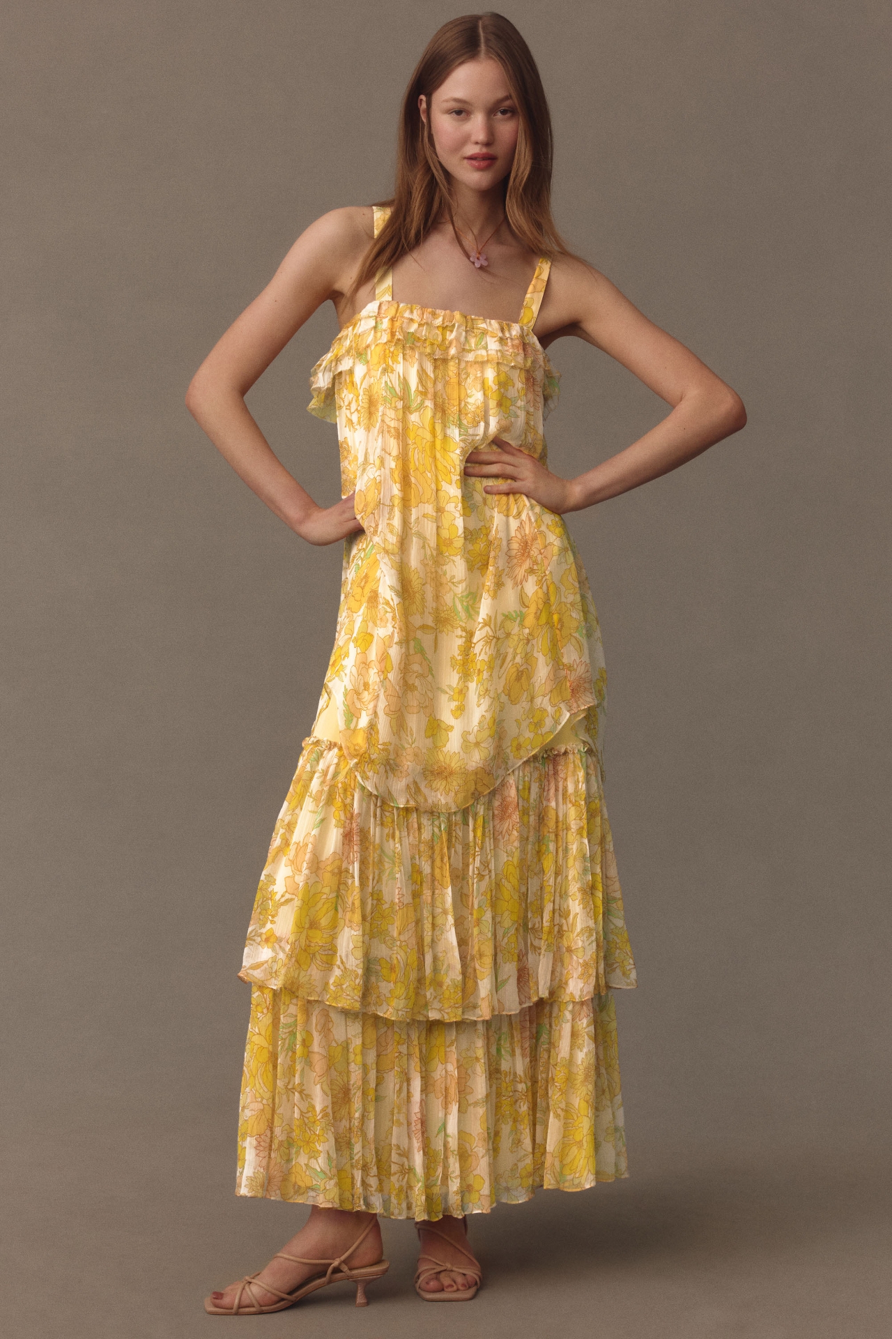 BHLDN Candace Sleeveless Printed Tiered Chiffon Maxi Dress