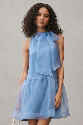 Shop Bhldn Sophia High-neck Bow-tie Organza Mini Dress In Blue