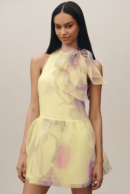 Bhldn Sophia High-neck Bow-tie Organza Mini Dress In Pink