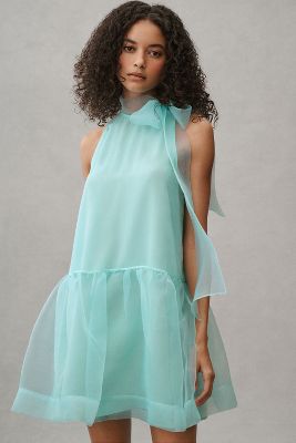 Shop Bhldn Sophia High-neck Bow-tie Organza Mini Dress In Mint