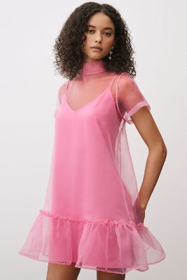 Shop Bhldn Ava Short-sleeve Organza Mini Dress In Pink