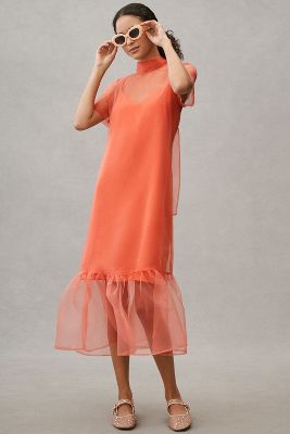 Shop Bhldn Charlotte Short-sleeve Organza Midi Dress In Orange