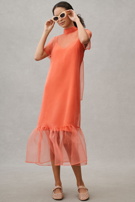 BHLDN ★ Carina Short-Sleeve High-Neck Organza Midi Dress BHLDN Carina Short-Sleeve High-Neck Organza Midi Dress