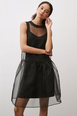 Shop Bhldn Kendall Sleeveless High-neck Organza Mini Dress In Black