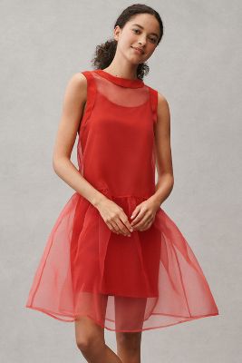 Shop Bhldn Kendall Sleeveless High-neck Organza Mini Dress In Red