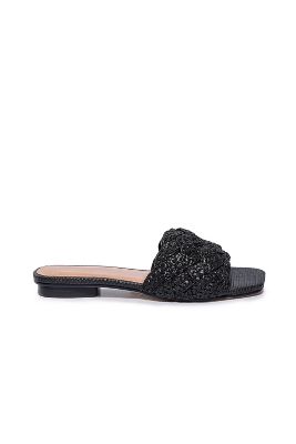 Bernardo Pixie Block Heel Slide Sandals In Black Woven Raffi