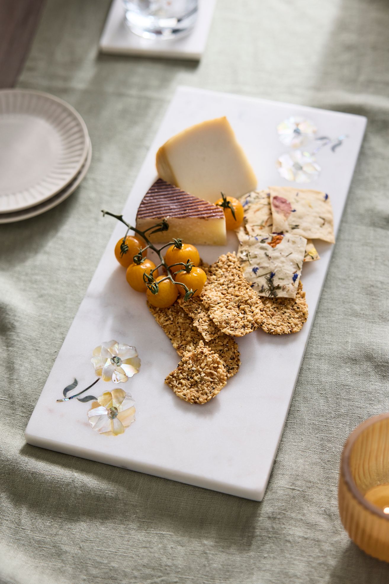 Floral Inlay Marble Serving Board - Multi, One Size