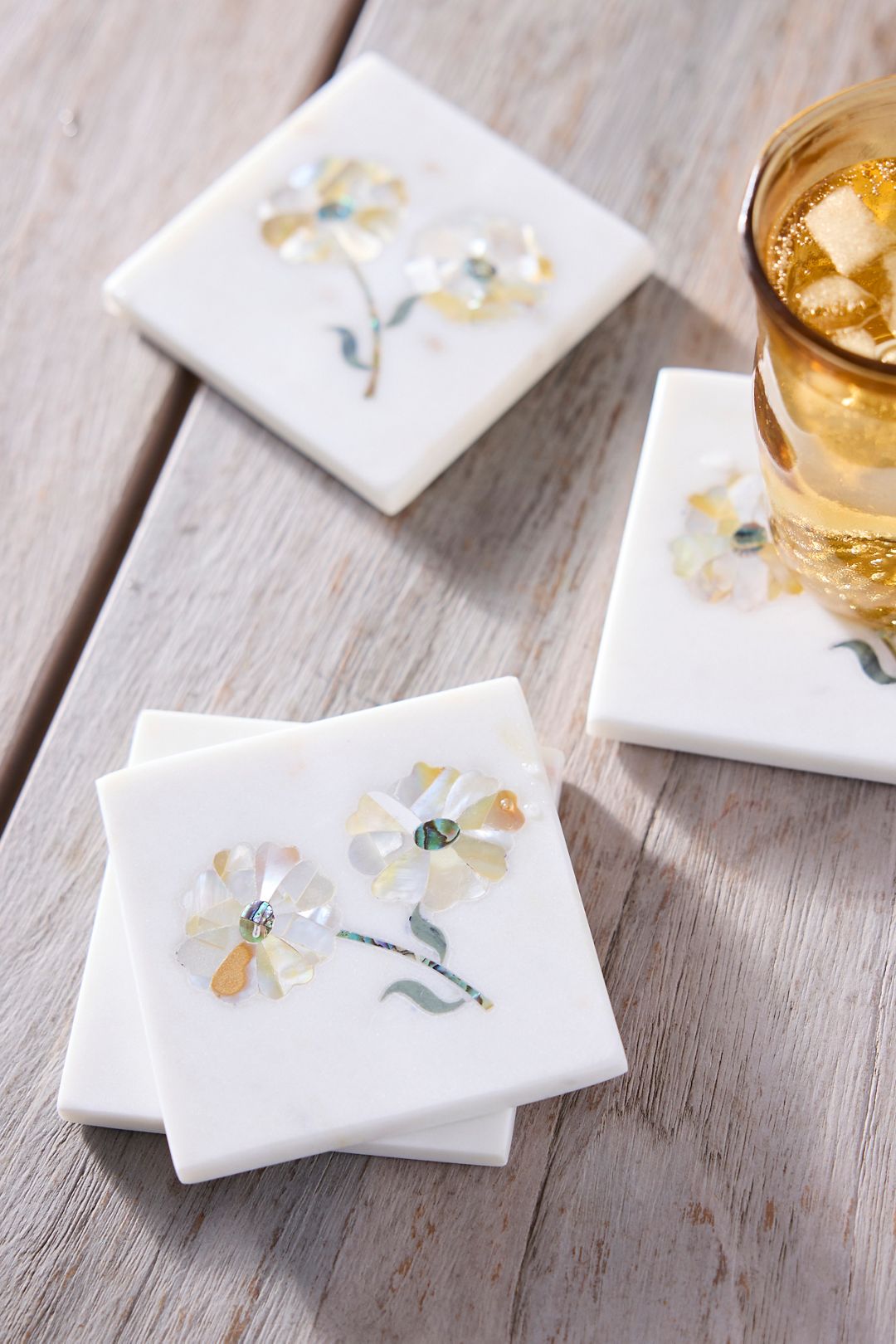 Floral Inlay Marble Coasters, Set of 4 - Multi, Standard, One Size