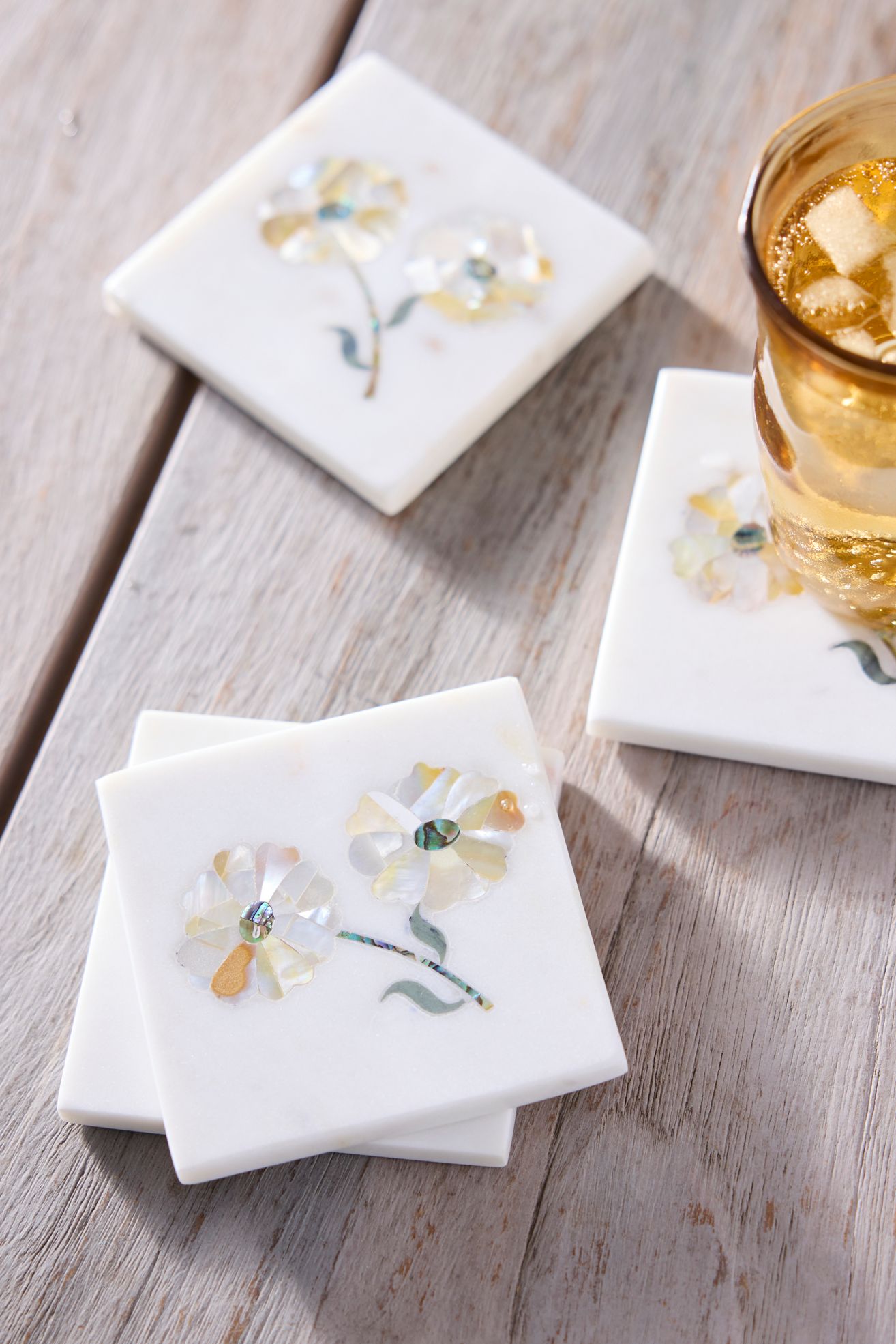 Floral Inlay Marble Coasters, Set of 4 - Multi, One Size