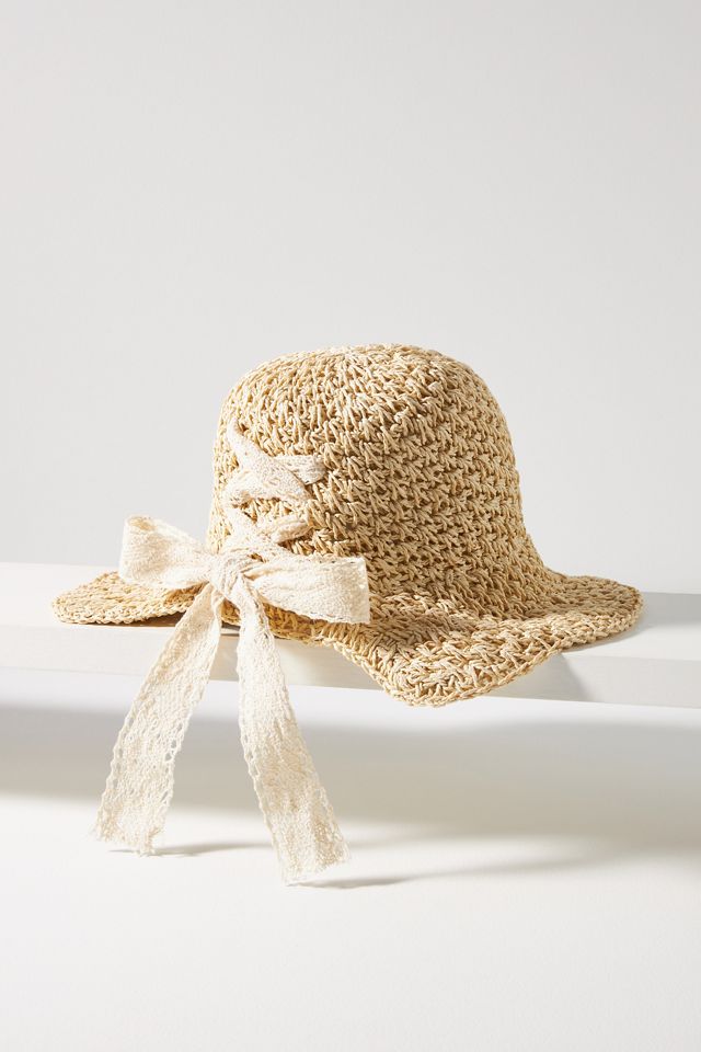 Anthropologie White and Gray Woven Sun Hat with Green Ties Gardener Woven Lattice Sun Hat | Anthropologie main image 4