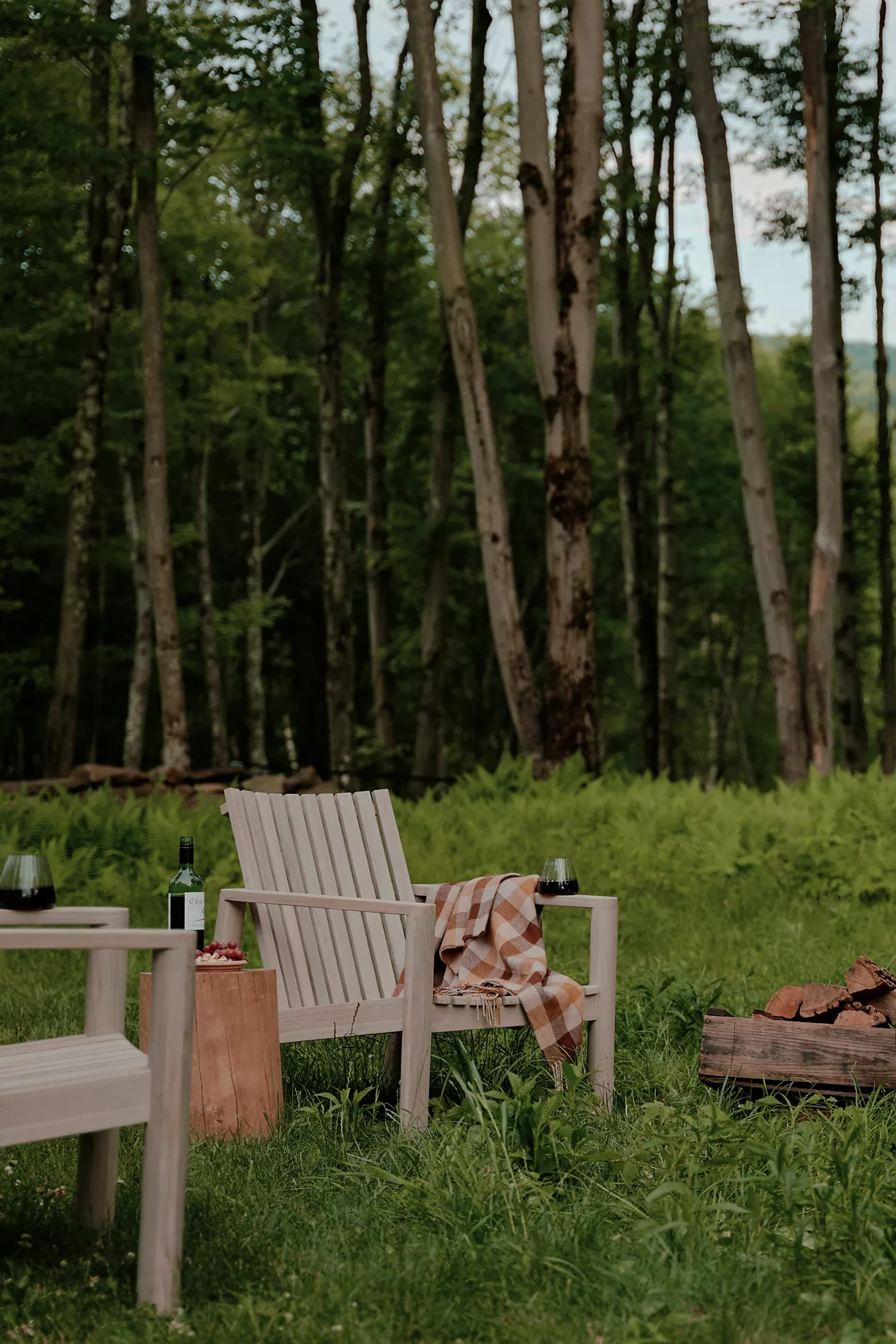 Teak chair in forest setting with wine glasses and blanket