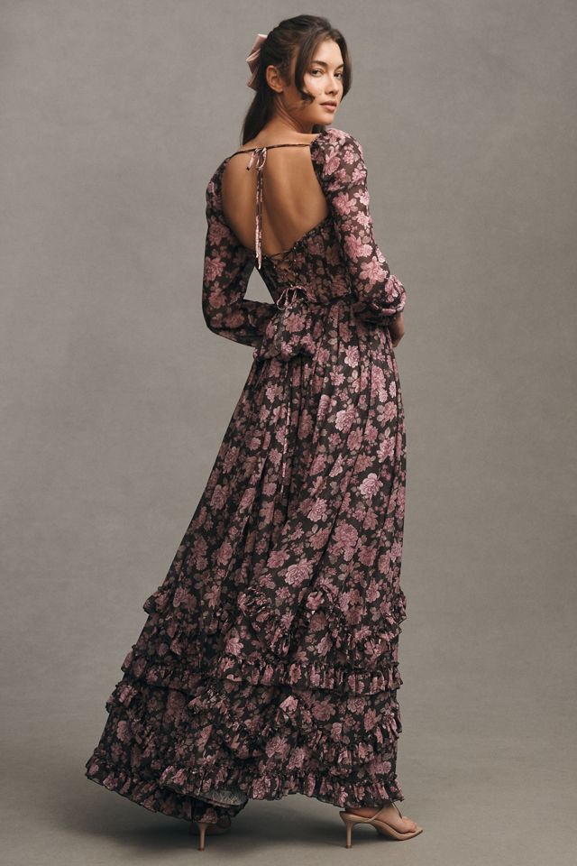 V. Chapman Carmella Long-Sleeve Corset Side-Slit Chiffon Maxi Dress #2