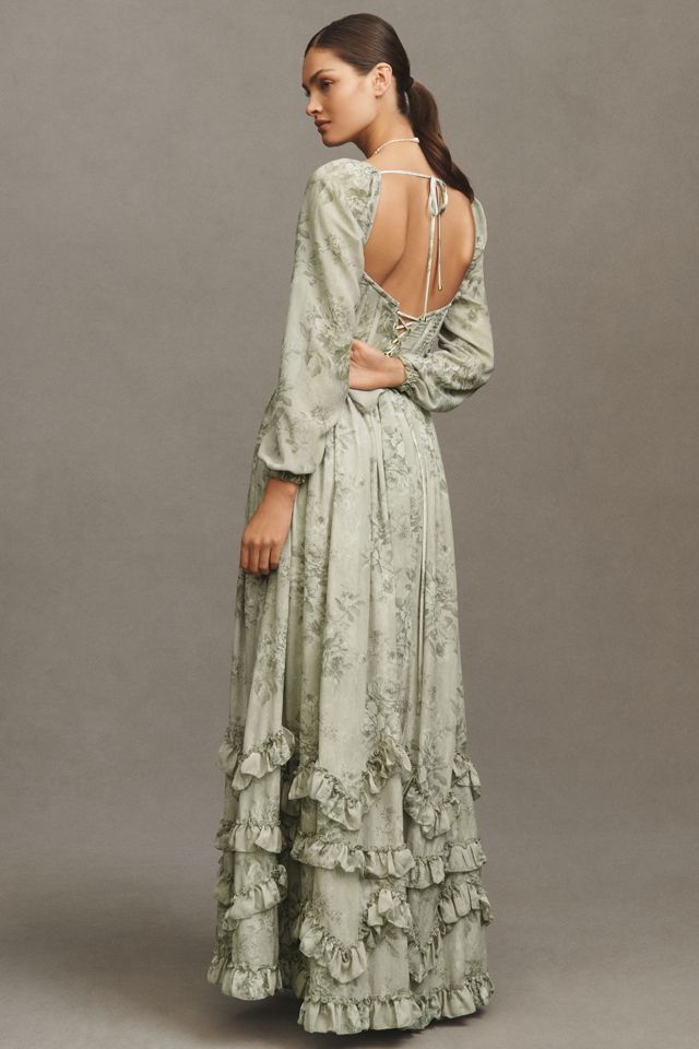 V. Chapman Carmella Long-Sleeve Corset Side-Slit Chiffon Maxi Dress #1