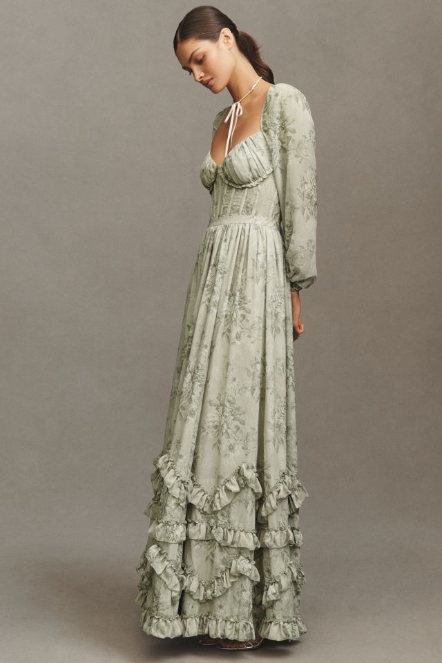V. Chapman Carmella Long-Sleeve Corset Side-Slit Chiffon Maxi Dress #3