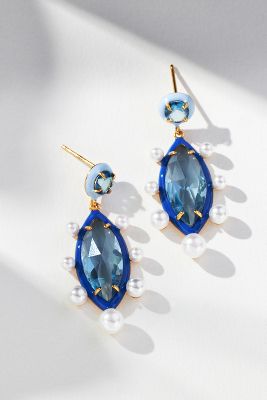 By Anthropologie Glass & Pearl Double Drop Earrings In Blue