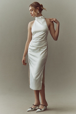 BHLDN HALTER SATIN COLUMN MIDI DRESS 