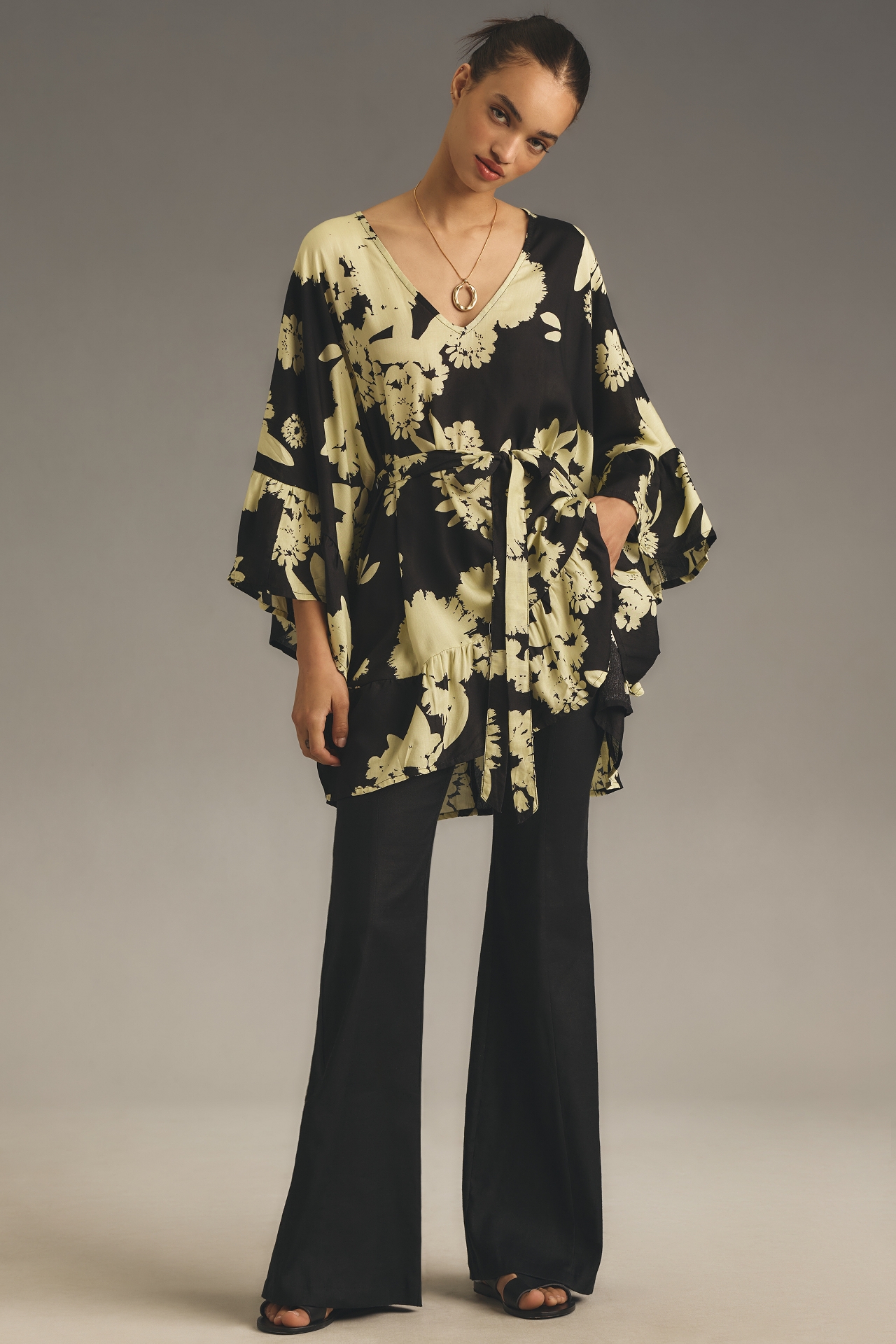 Bel Kazan Tie Ruffle Printed Kaftan