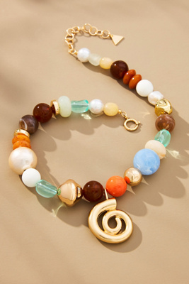 By Anthropologie Mixed Beaded Spiral Pendant Necklace In Multicolor