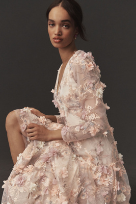 Dress The Population Angelina Floral Embroidery Long Sleeve Gown In Beige