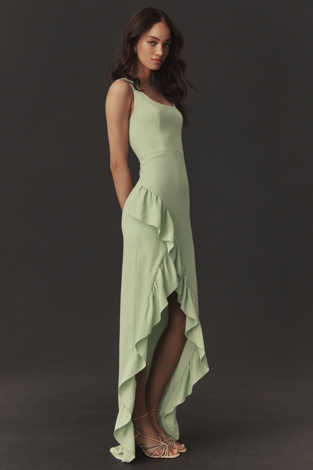 Dress The Population Charlene Square-Neck Ruffle Side-Slit Gown