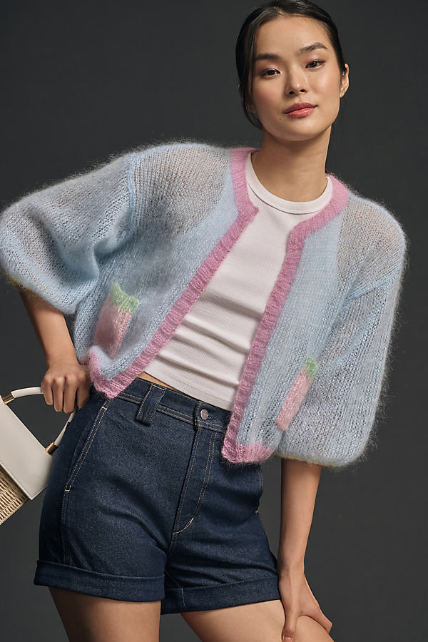 Rose Carmine Mini Cardigan Sweater In Blue
