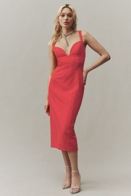 BHLDN SAGE SWEETHEART STRETCH CREPE MIDI DRESS 