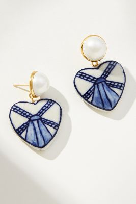By Anthropologie Porcelain Heart Drop Earrings In Blue