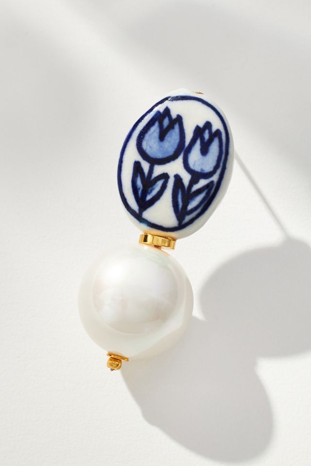Floral Porcelain Pearl Drop Earrings #1