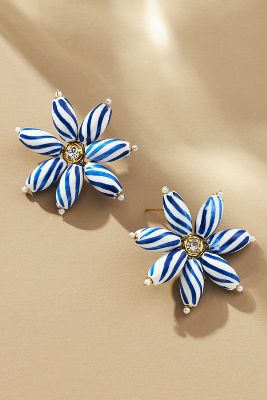 Shop By Anthropologie Striped Porcelain Flower Post Earrings In Blue