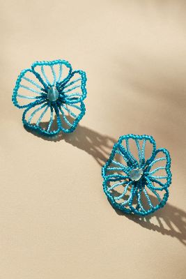 By Anthropologie Medium Beaded Floral Post Earrings In Blue