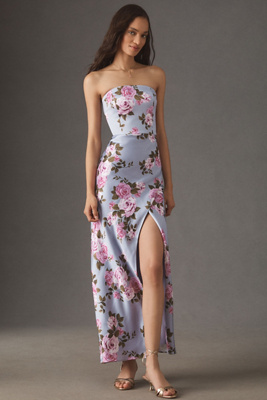 Bhldn Stretch Satin Strapless Side-slit Maxi Dress In Multi