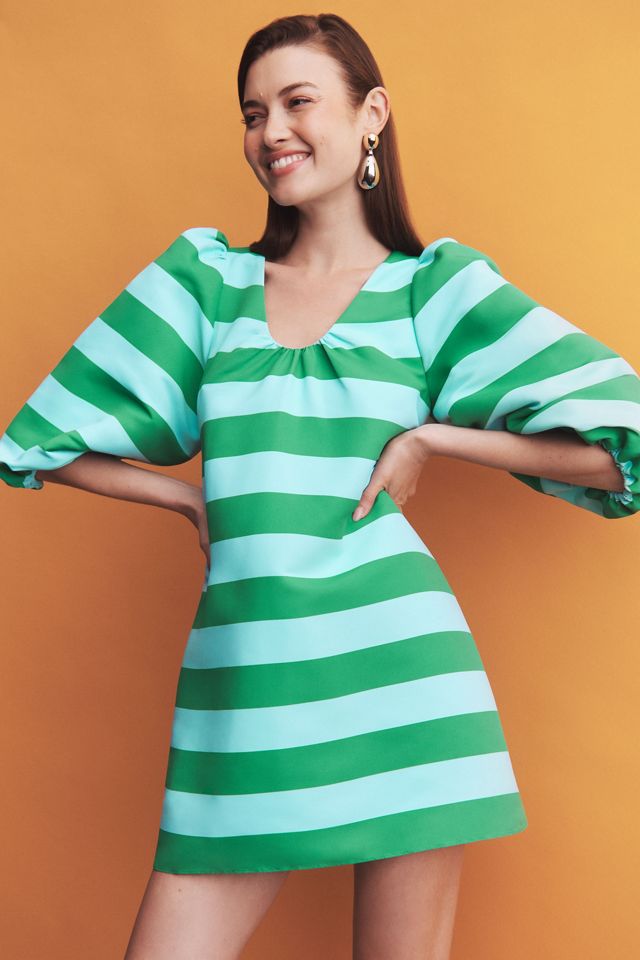 Sachin & Babi Josie Elbow-Sleeve V-Neck Striped Taffeta Mini Dress #3