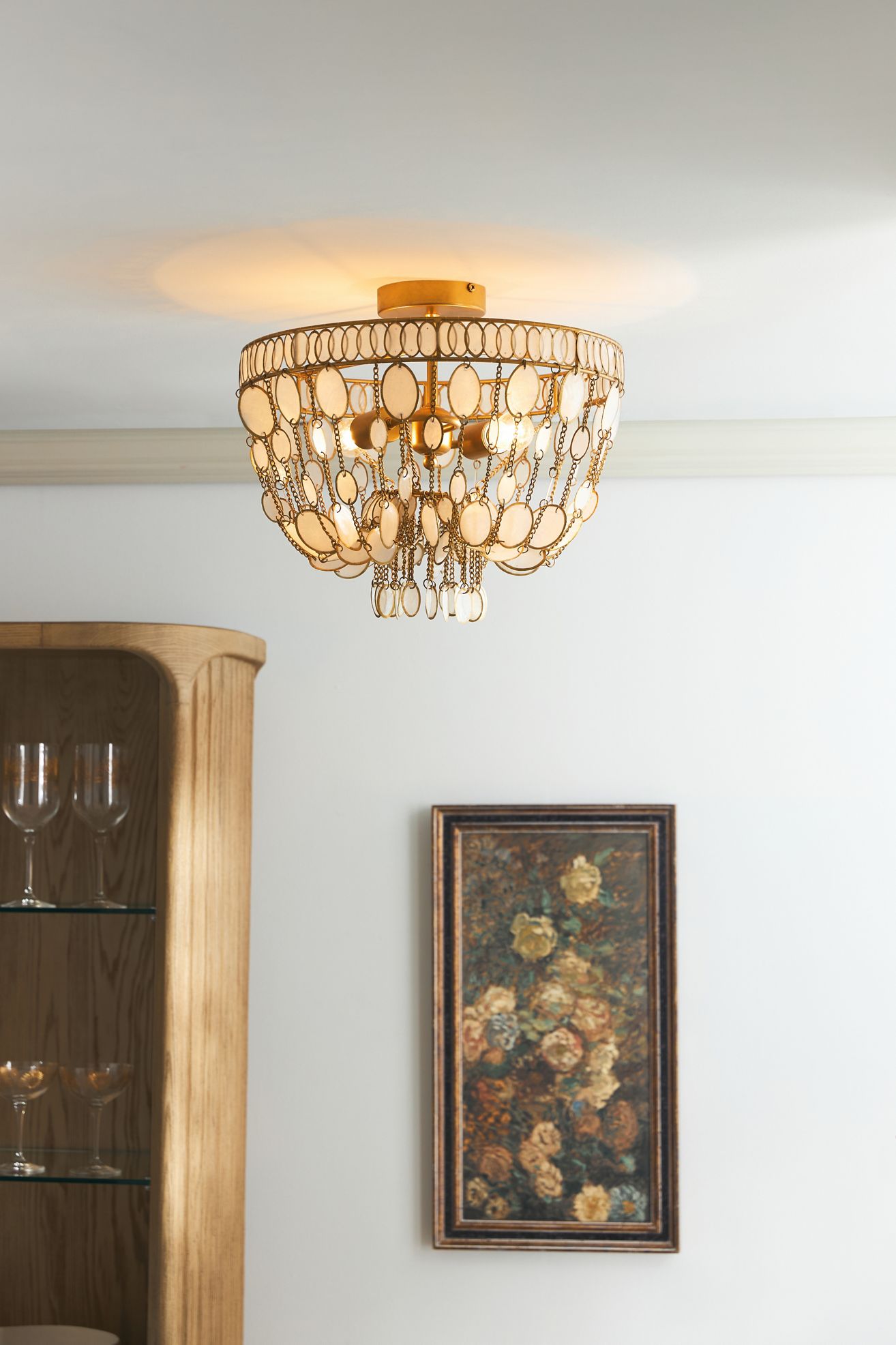 Oval Capiz Flush Mount - White/Brass, One Size