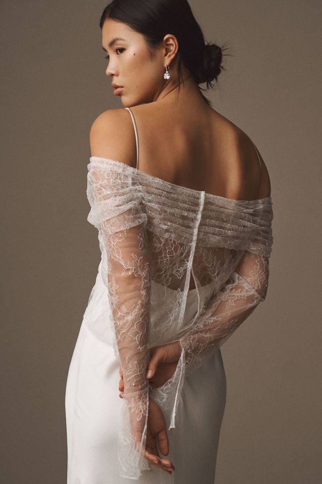 Theia Ocean Off-The-Shoulder Long-Sleeve Lace Bridal Topper #1