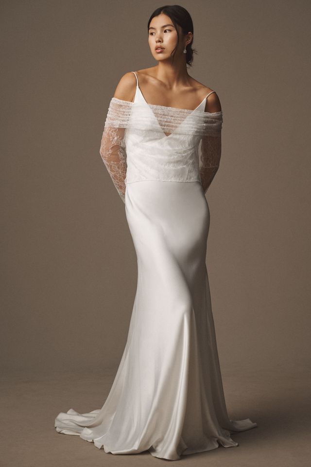 Theia Ocean Off-The-Shoulder Long-Sleeve Lace Bridal Topper #2