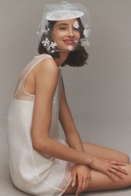 Twigs & Honey Floral Birdcage Veil Bridal Mini Hat In White