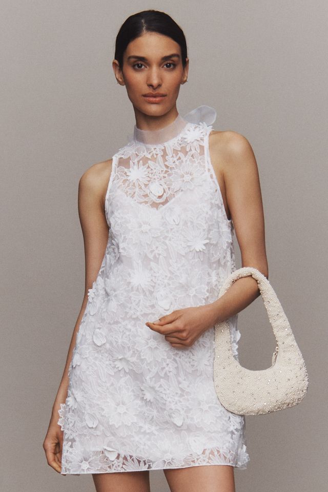 BHLDN 3D Floral Lace High-Neck Back-Bow Mini Dress #1
