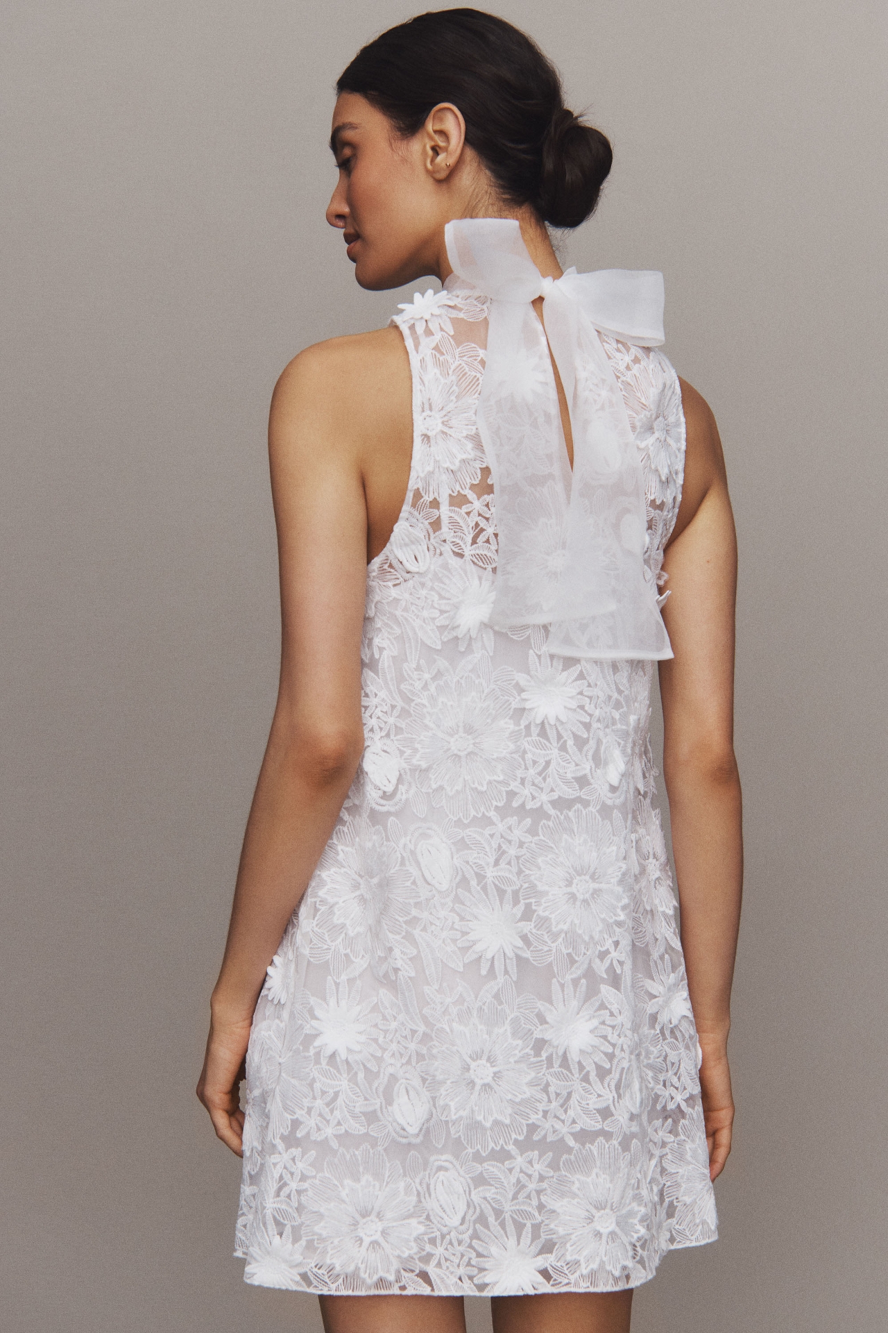 BHLDN 3D Floral Lace High-Neck Back-Bow Mini Dress