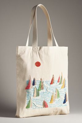 By Anthropologie Embroidered Canvas Market Tote In White