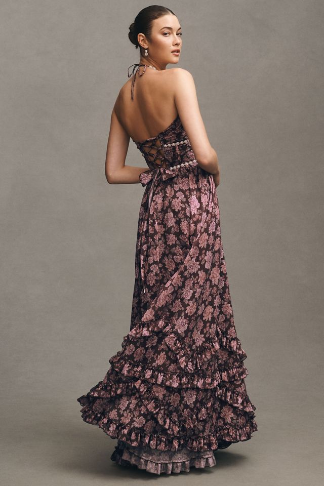 V. Chapman Scarlette Halter Embellished Corset Organza Maxi Dress #1