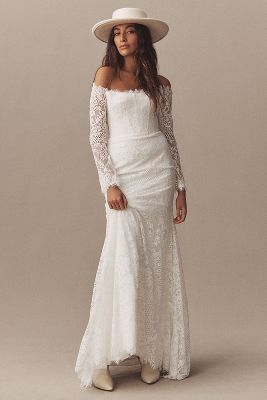 Shop Watters Wtoo By  Resa Off-the-shoulder Long-sleeve Lace Mermaid Wedding Gown In White