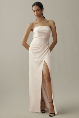 Shop Bhldn Danielle Strapless Side-slit Stretch Satin Maxi Dress In Beige