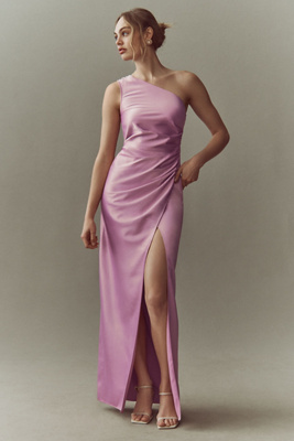BHLDN SCOTTIE ONE-SHOULDER SIDE-SLIT STRETCH SATIN MAXI DRESS 