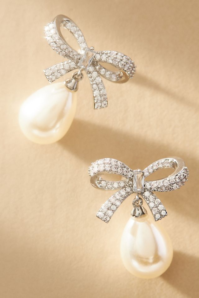 Shashi Pavé Bow Pearl Drop Earrings | Anthropologie